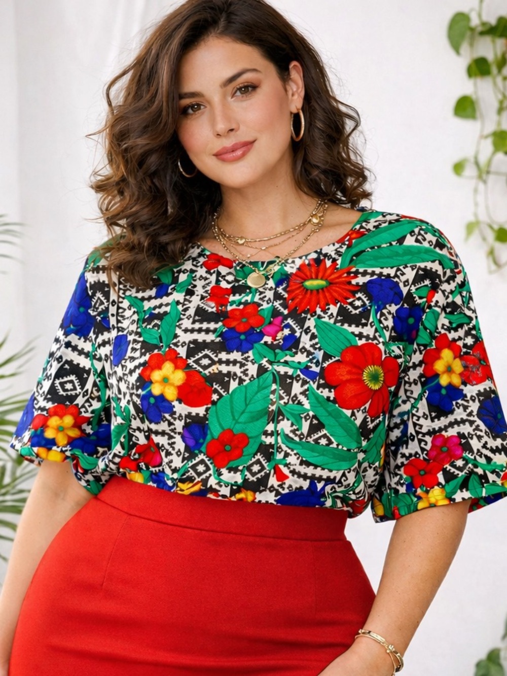 Vintage Top Notch Floral Geometric Blouse Women 20W USA Bold 90s Retro Plus Size